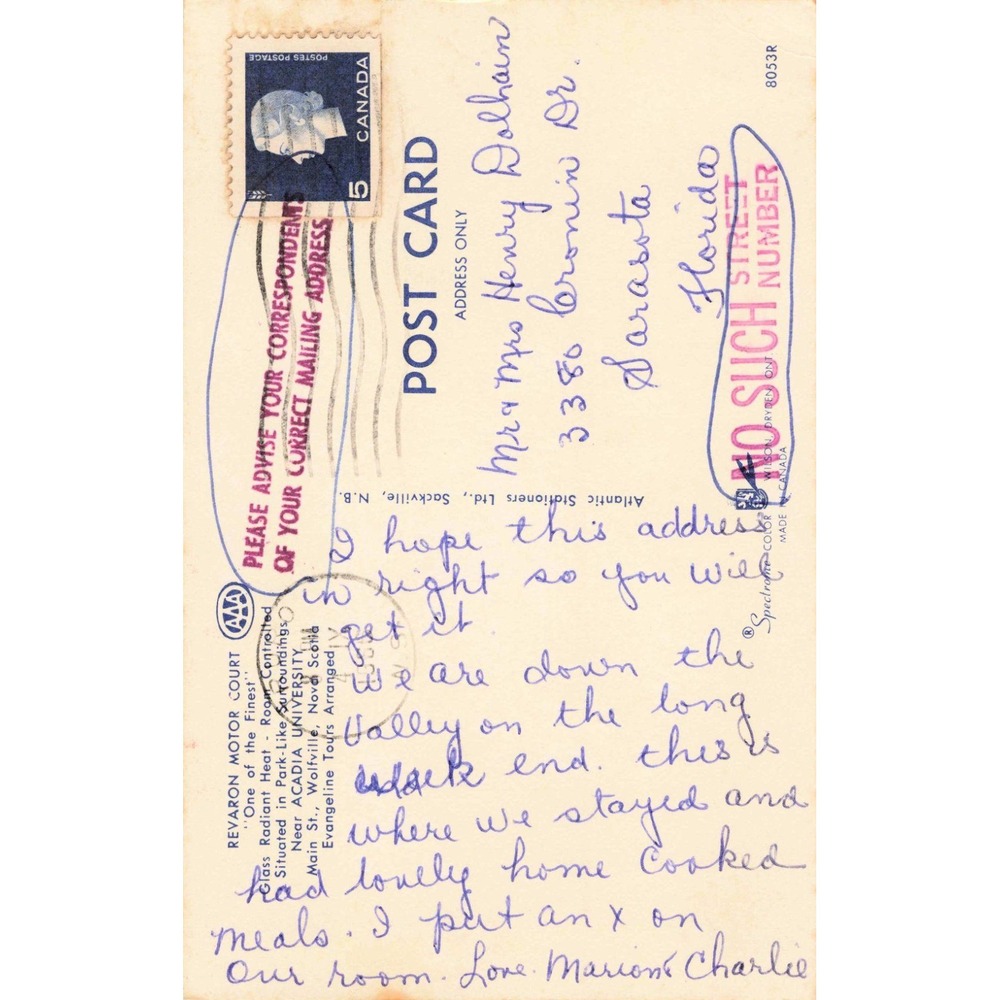 Vintage Revaron Motor Court Wolfville Nova Scotia Postcard Acadia University VG - Picture 2 of 2
